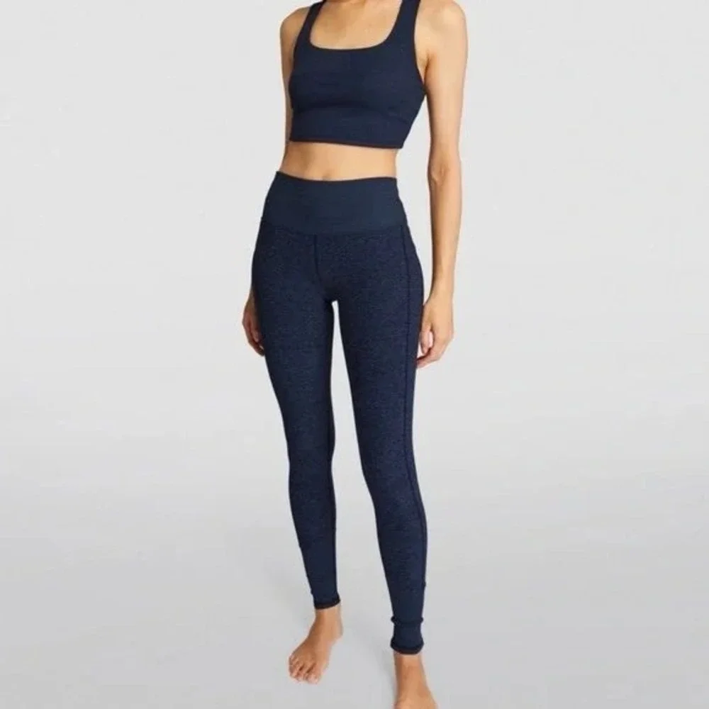 Alo‎ Yoga Alosoft Lounge Leggings Womens S Navy Heather EUC High Waist Ribbed